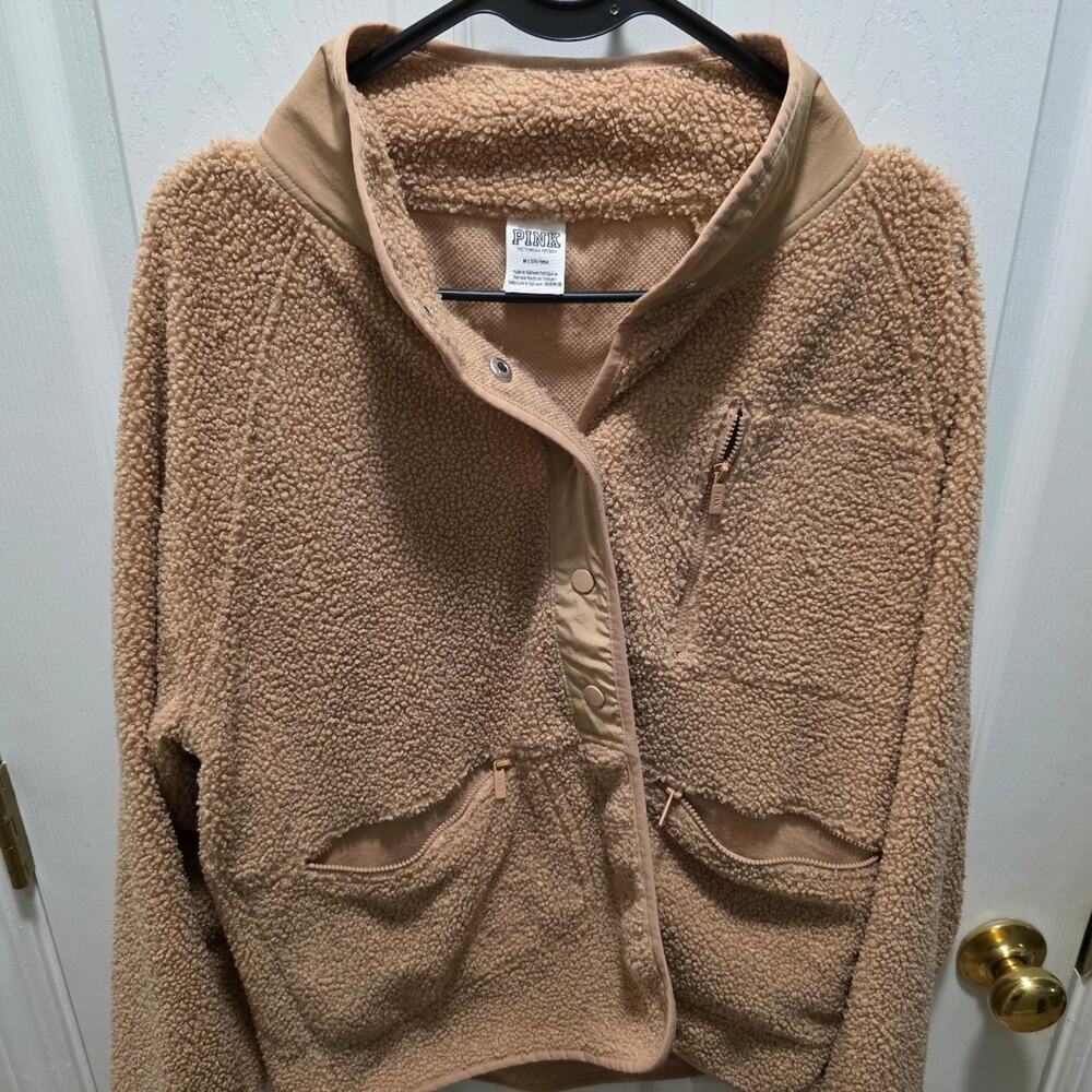 VS PINK Cozy Sherpa Fleece Snap Jacket Tan Camel M